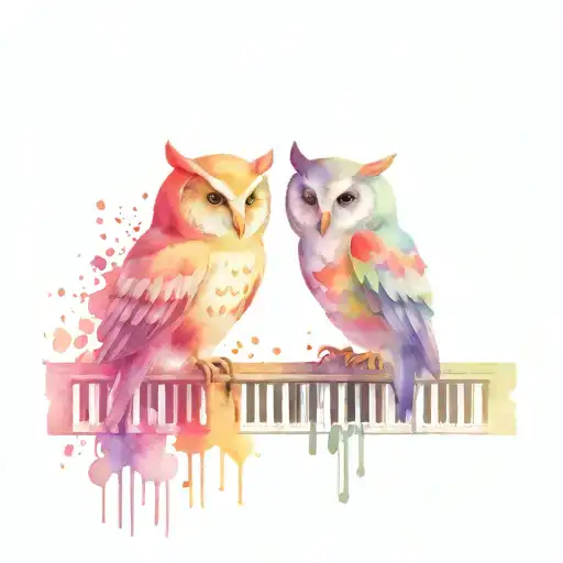 sugar owl, piano keys, music notes floating, treble clef tattoo design idea