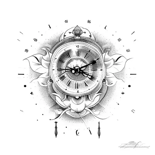 clocks, roses, dove, rising sun, scrolls full srm sleeve tattoo design idea