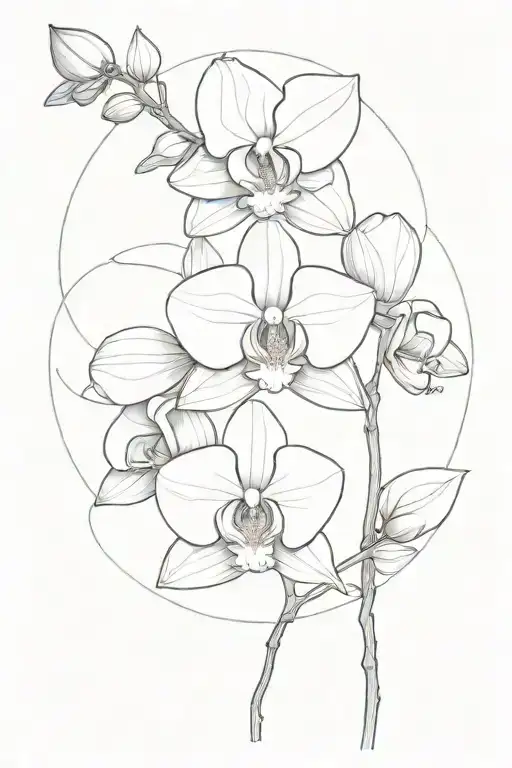 Orchid anatomy diagram with circles, lines, showing parts of the orchid like in a botany book tattoo design idea