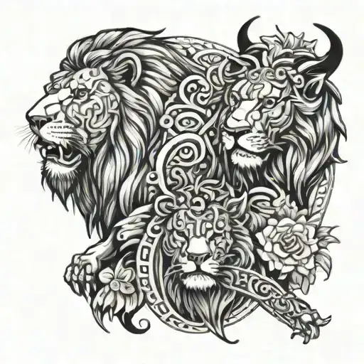 lion and taurus protecting pisces tattoo design idea