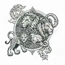 lion and taurus protecting pisces tattoo design idea