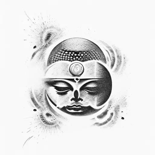 Celestial black hole with a mirage of Budha and latin for Memento Mori tattoo design idea