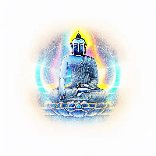 Celestial black hole with a mirage of Budha and the text Memento Mori tattoo design idea