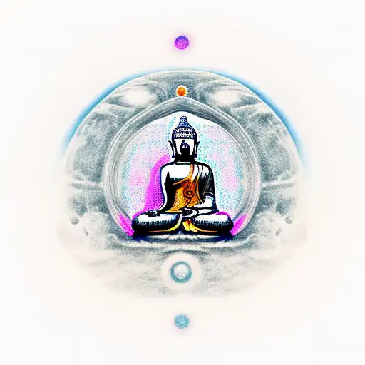 Celestial black hole with a mirage of Budha and latin for Memento Mori tattoo design idea