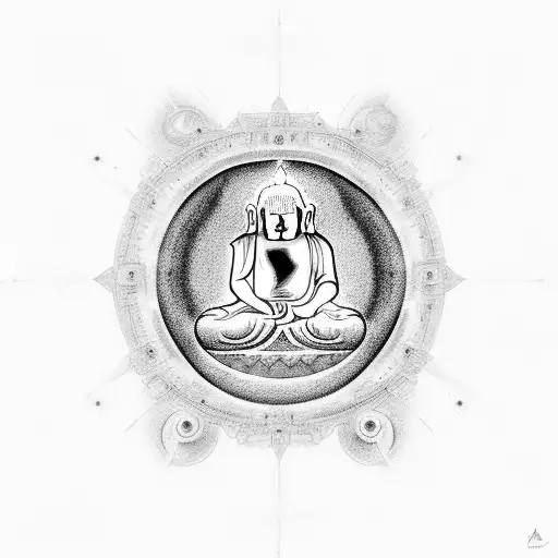 Celestial black hole with a mirage of Budha and latin for Memento Mori tattoo design idea