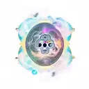 Celestial black hole with a mirage of Budha and latin for Memento Mori tattoo design idea