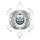 Celestial black hole with a mirage of Budha and latin for Memento Mori tattoo design idea