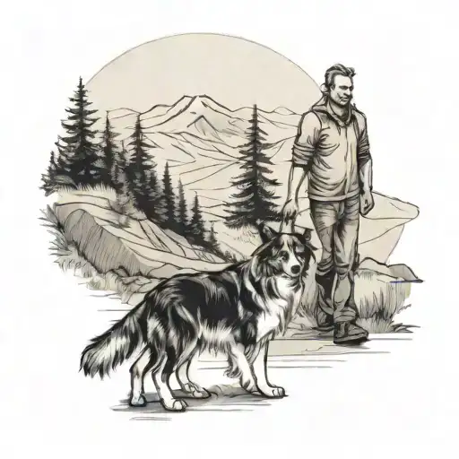 dad walking with son and border collie towards mauntains tattoo design idea