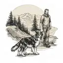 dad walking with son and border collie towards mauntains tattoo design idea