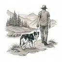 dad walking with son and border collie towards mauntains tattoo design idea