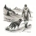dad walking with son and border collie towards mauntains tattoo design idea