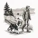 dad walking with son and border collie towards mauntains tattoo design idea