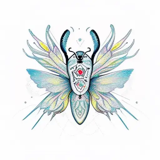 A new-school design featuring a whimsical ladybird with intricate patterns and colorful wings tattoo design idea