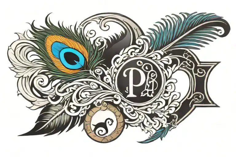 peacock feather tattoo with P D R letter tattoo design idea