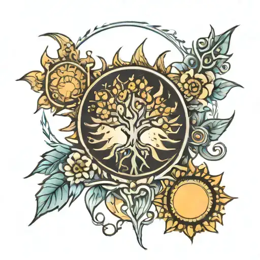 sun, tree, moon, flowers, tribal tattoo design idea