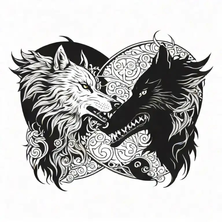 side profile of two wolves snarling at eachother face to face tattoo design idea