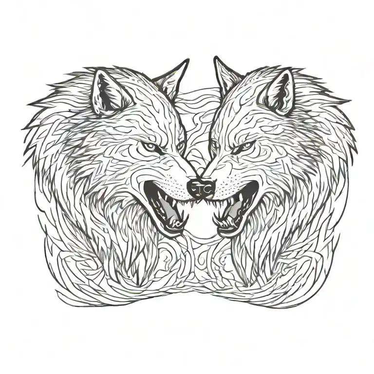 side profile of two wolves snarling at eachother face to face tattoo design idea