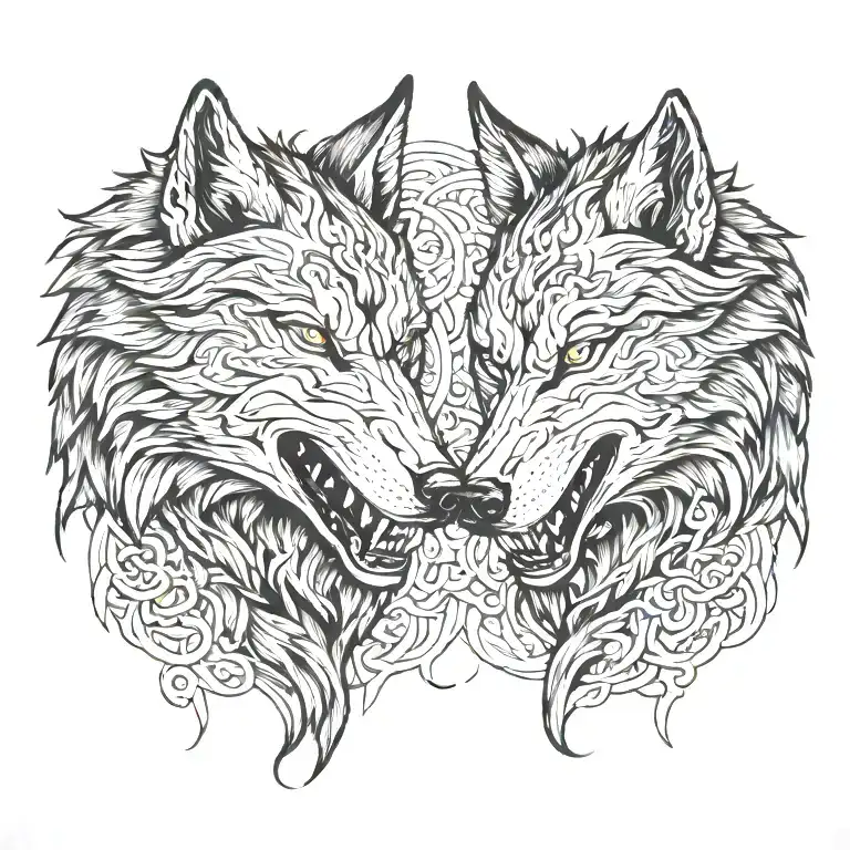 side profile of two wolves snarling at eachother face to face tattoo design idea