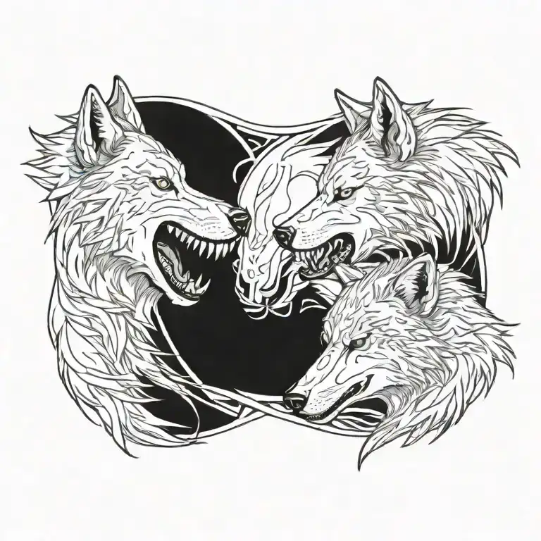 side profile of two wolves snarling at eachother face to face tattoo design idea