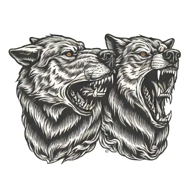 side profile of two wolves snarling at eachother facing each other  tattoo design idea