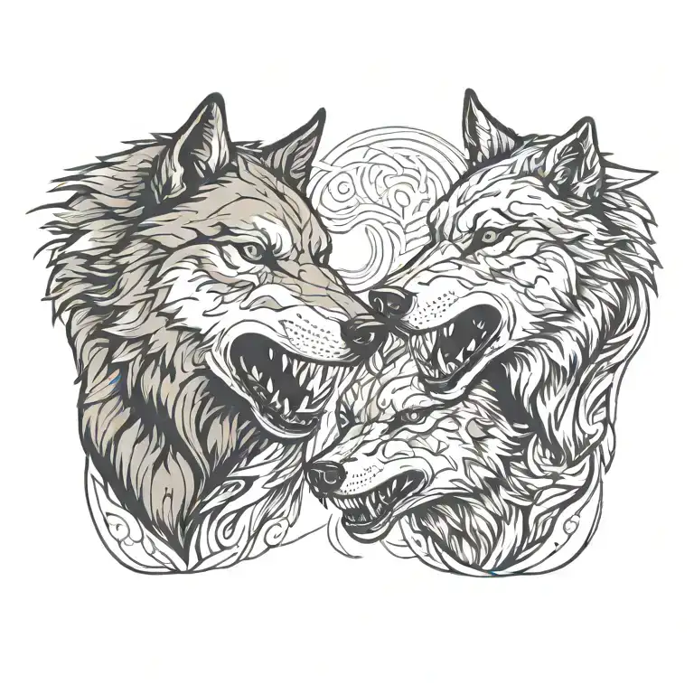 side profile of two wolves snarling at eachother face to face tattoo design idea