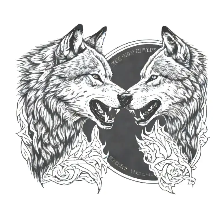 side profile of two wolves snarling at eachother face to face tattoo design idea