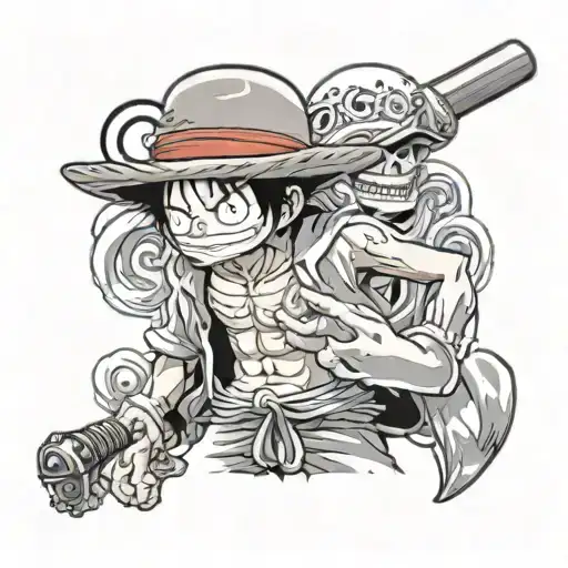 luffy from one piece Holding his Strawhat and in the backround are all the other strawhat members from one piece. tattoo design idea
