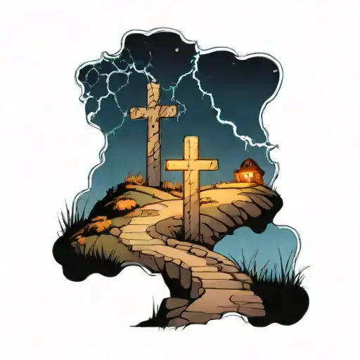 3 crosses on a hill with stone walk way winding down the hill dark sky on left side with blue lightning bright sunny sky tattoo design idea