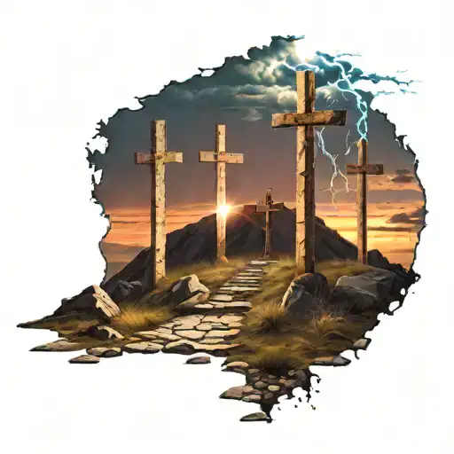 3 crosses on a hill with stone walk way winding down the hill dark sky on left side with blue lightning bright sunny sky tattoo design idea