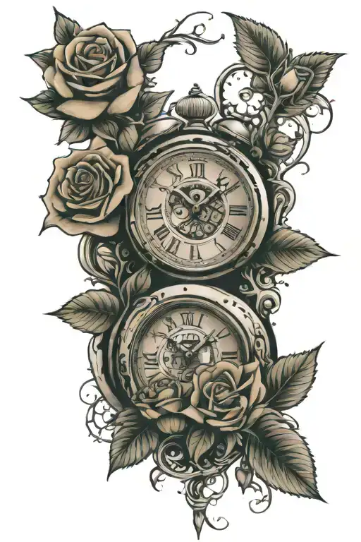 two clocks with roses surrounding tattoo design idea