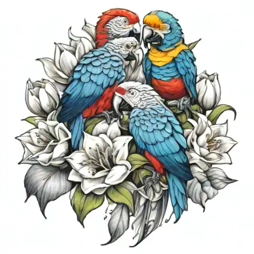 parrots with lilies tulips and sunflowers tattoo design idea