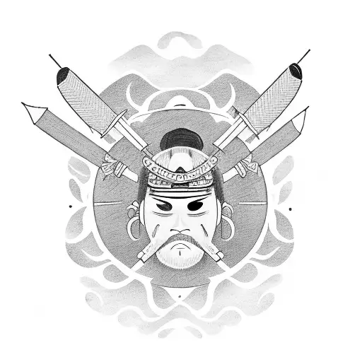 sad samurai with arrows in his back and 3 bird above him and japanese sun tattoo design idea