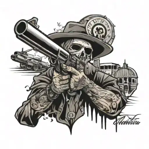 530 mafia with ARs in background with Oklahoma skyline  tattoo design idea