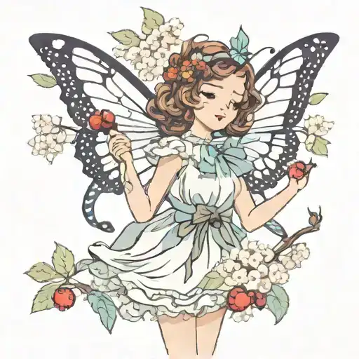 Girl with butterfly wings holding a bow on a cherry tree branch tattoo design idea