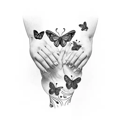 A makeup artist's hands holding a palette with colorful butterflies flying out of it tattoo design idea