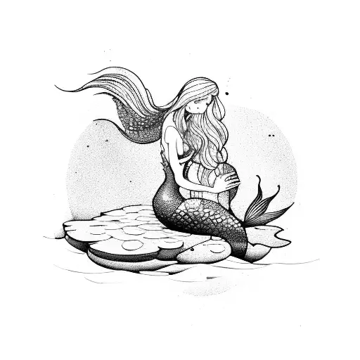 A colorful mermaid sitting on a lily pad in a serene pond tattoo design idea