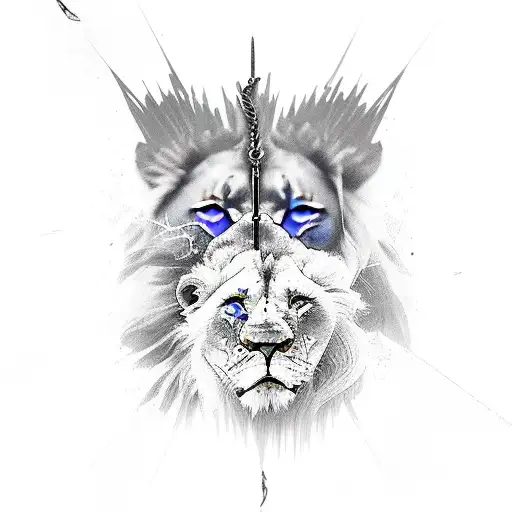 tired battle worn lion, knife, woman blue eyes, noose, wedding, death tattoo design idea