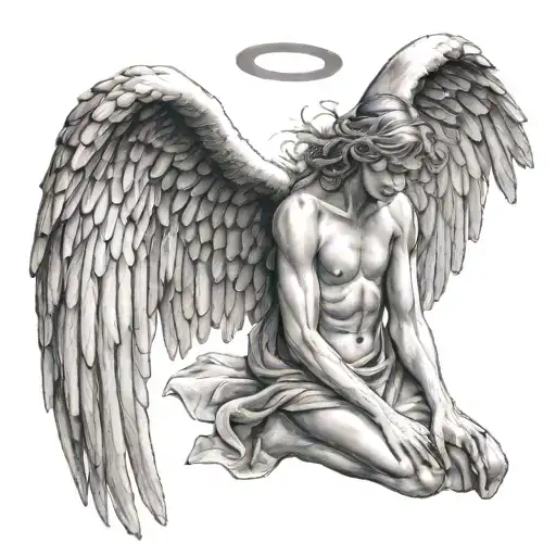 angel holding out arms at death tattoo design idea