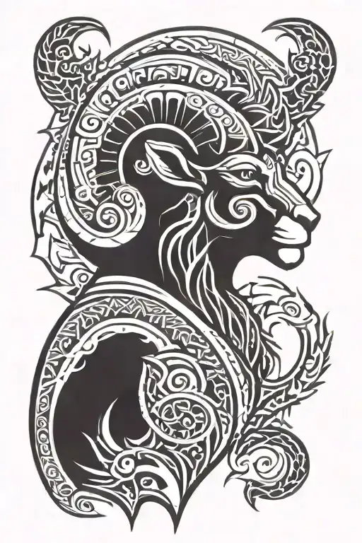 ram with crown,two sided axe,lightning bolt, and fire tattoo design idea