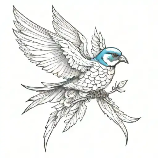 traditional swallow tattoo with blue head and wing. rest black and grey. skull as a body part of the swallow tattoo design idea