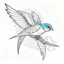 traditional swallow tattoo with blue head and wing. rest black and grey. skull as a body part of the swallow tattoo design idea