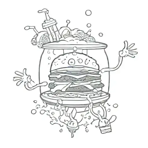 Illustrate a dynamic scene of plankton swimming around the Krabby Patty formula tattoo design idea