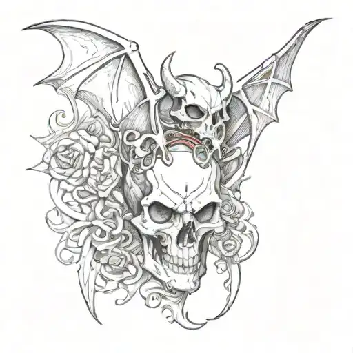 bat skull and red dagger piercing tattoo design idea