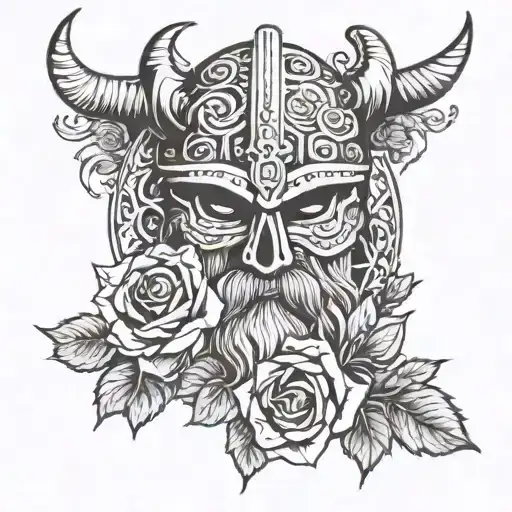 viking and roses blooming tattoo design idea