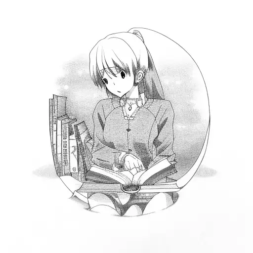 An anime character reading a book in a mystical library tattoo design idea