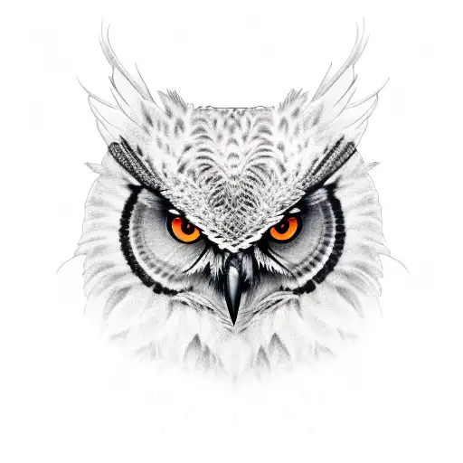 black and white fierce owl with orange eyes tattoo design idea