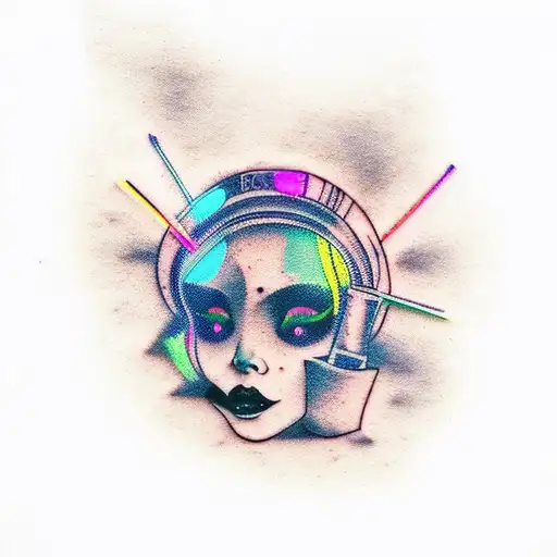 An edgy and abstract tattoo design combining elements of sluts, vodka bottles, and neon lights from a night life scene tattoo design idea