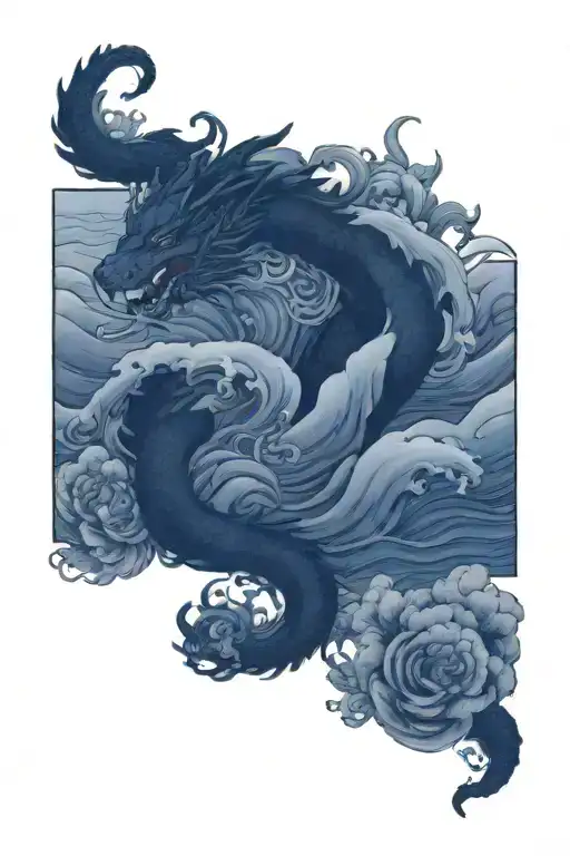 waves clouds flowers dragon tattoo design idea