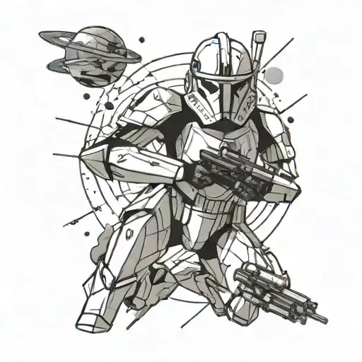 A black-grey tattoo of a clone trooper in a dynamic action pose, surrounded by starships and planets from the Star Wars  tattoo design idea