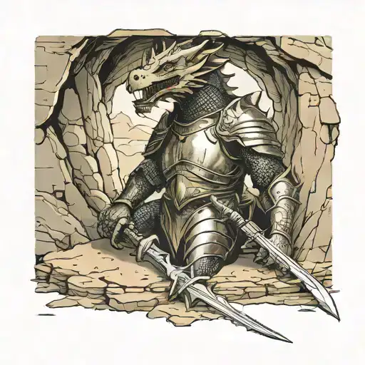 cave with owain glyndwr's armour, sword and shield outside leading up to the cave, welsh dragon sleeping above   tattoo design idea